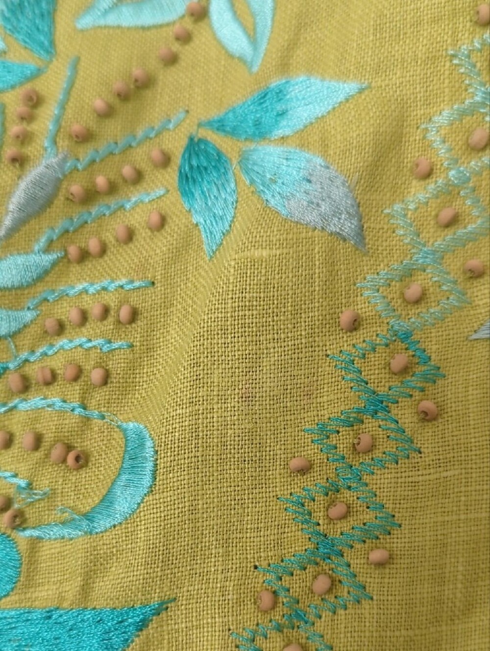 Y2K Sue Wong Linen Spaghetti Strap Dress with Floral Embroidery & Wood Beads - Picture 9 of 17